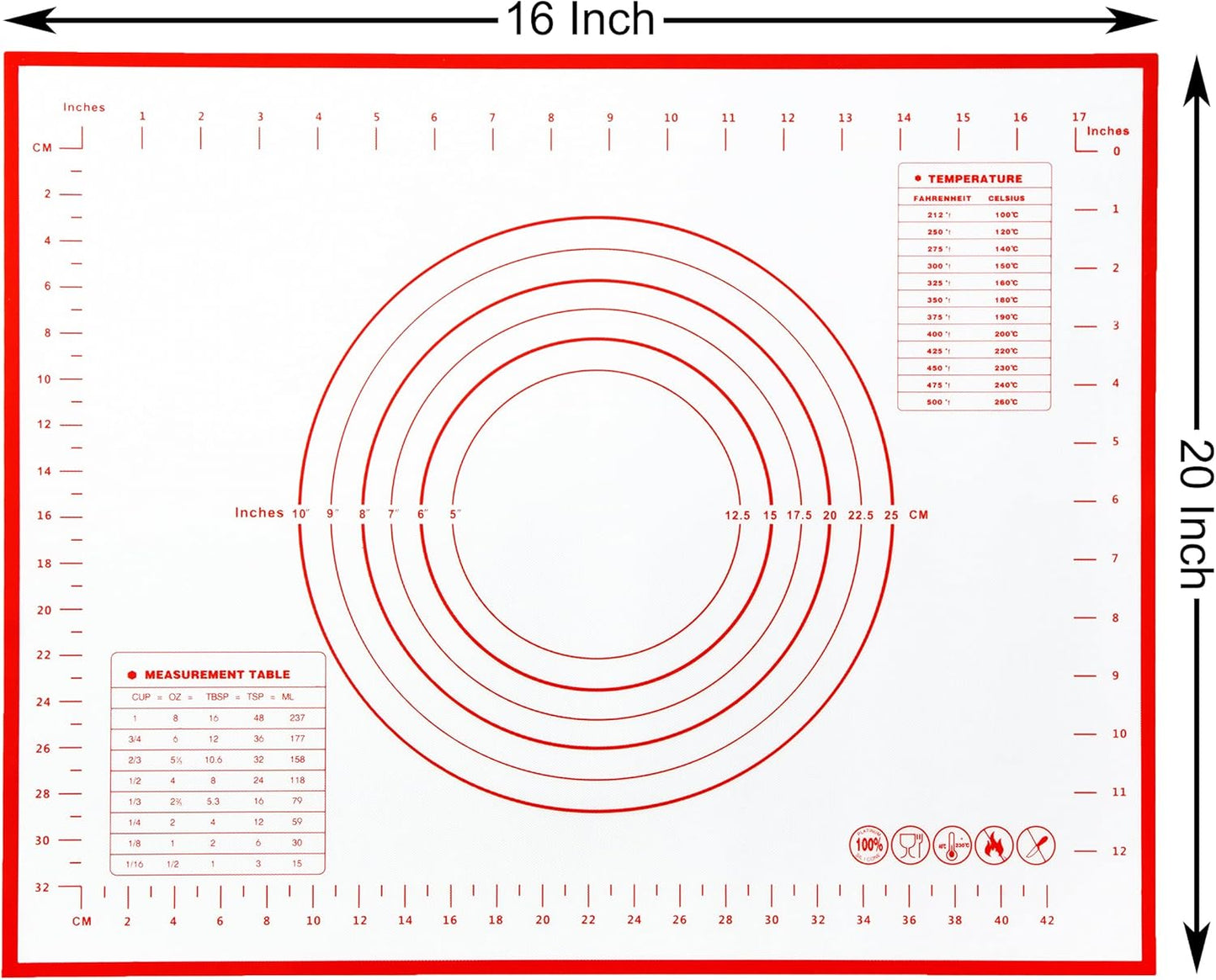 Non Slip Silicone Pastry Mat with Measurements Nonstick, 16 X 20 Inch Thick Baking Mat for Rolling Out Dough Red Food Grade Silicone Baking Mats for Cookie, Cake, Pizza