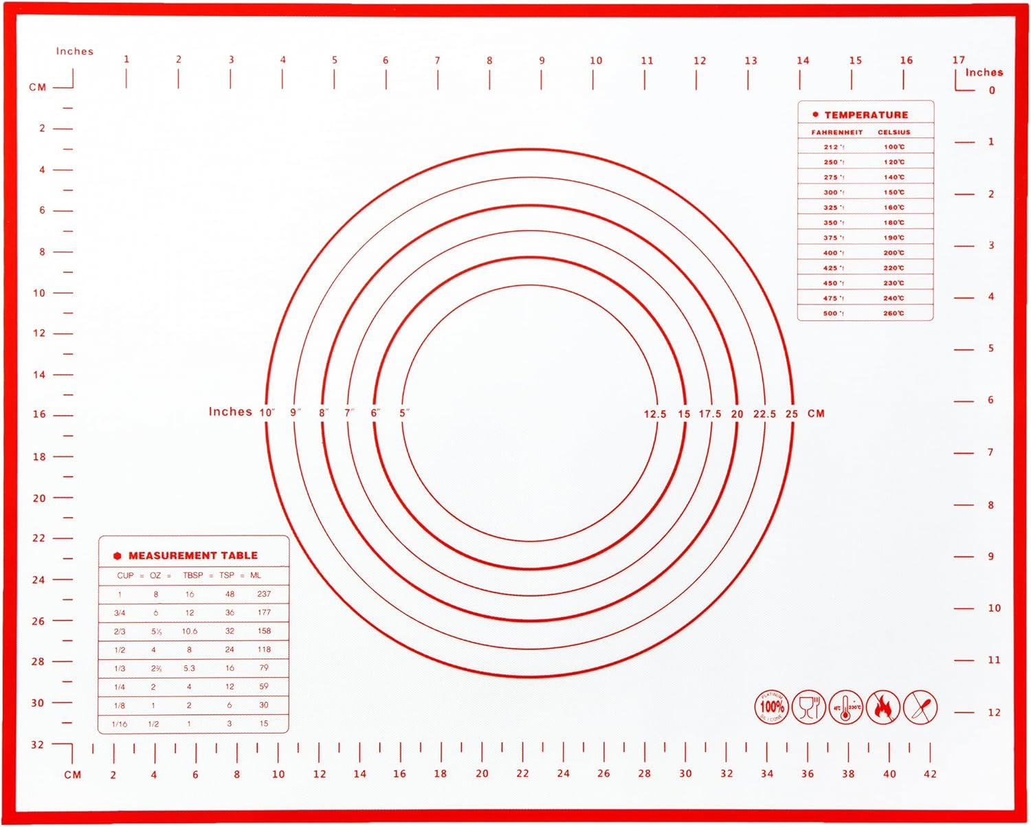 Non Slip Silicone Pastry Mat with Measurements Nonstick, 16 X 20 Inch Thick Baking Mat for Rolling Out Dough Red Food Grade Silicone Baking Mats for Cookie, Cake, Pizza