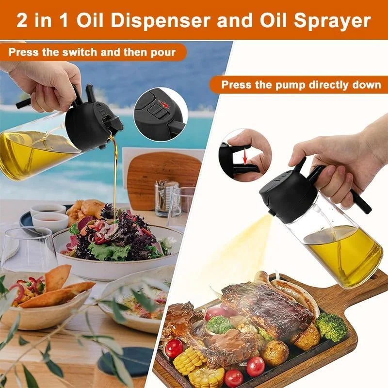 2 in 1 Oil Spray Bottle, 470Ml Anti-Leakage Olive Oil Sprayer, Plastic Baking Oil Spray Oil Bottle Dispenser, Kitchen Gadgets